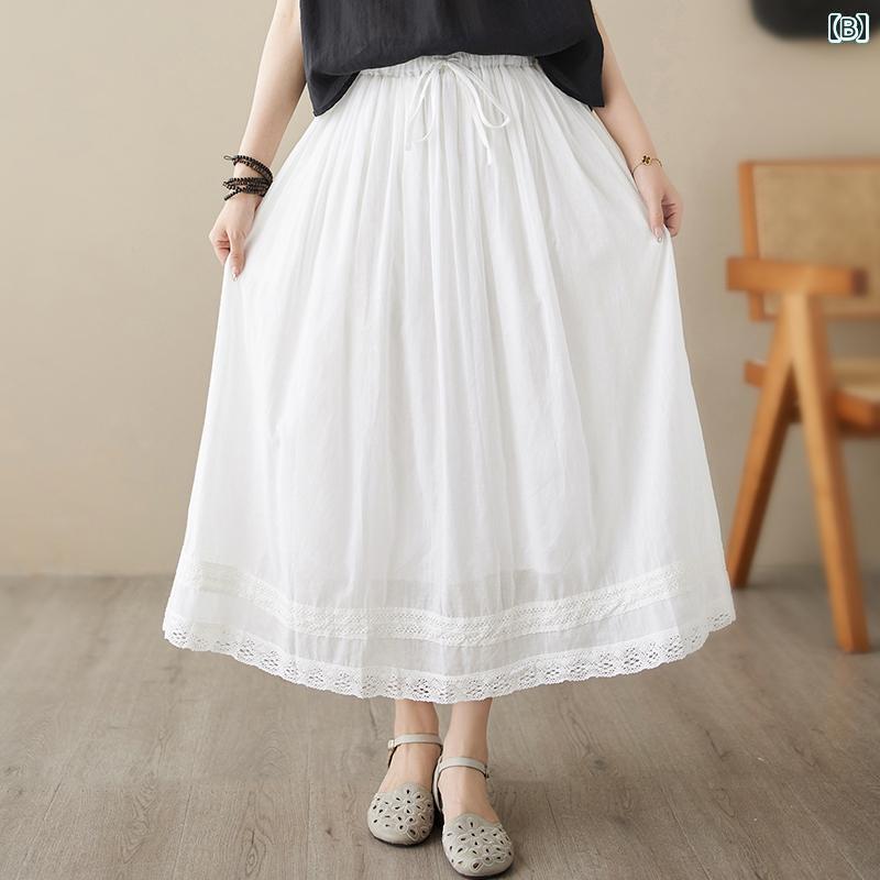 パンツドレス レディース 夏に 着る レディース 文学的な レトロ 二 重 裏地の コットンと リネンの スカート。 ウエストは 伸縮性が あり ゆったりと 流れるような 大きい スイング 刺繍の aライン