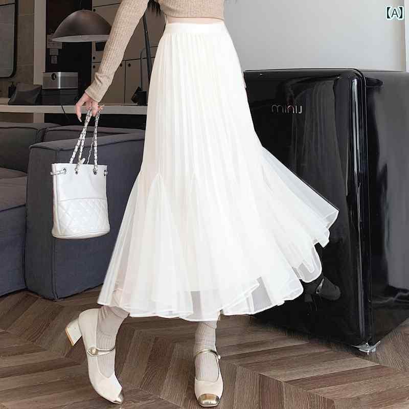 パンツドレス レディース の 夏の ハイウエストの フェアリーの スカート 両面 フィッシュ テール 不規則な プリーツ メッシュ 女性