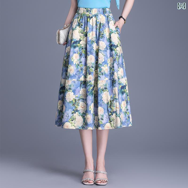 パンツドレス レディース レトロ 油絵の 花柄 スカート 女性用 2025夏 ハイウエスト ミディアム 丈 スリム 伸縮性 ウエスト aライン アンブレラ