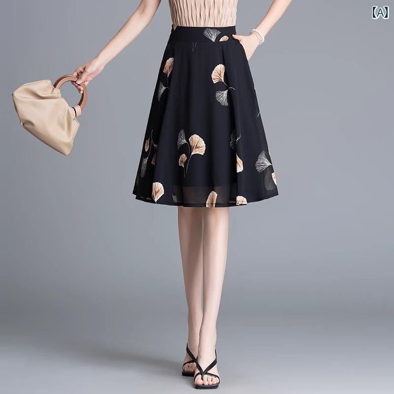 パンツドレス レディース 中年 ママ プリントシフォンスカート レディース 夏 aライン スカート ハイウ..