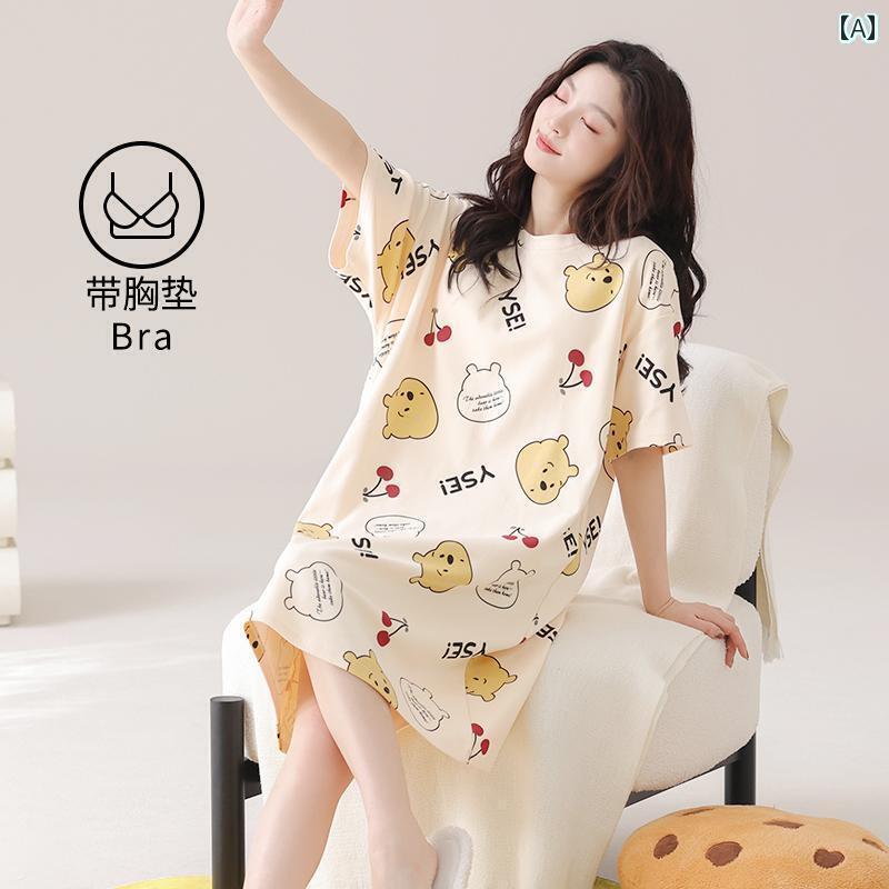インナー ナイトドレス レディース 2025 夏 胸 パッド 付き 一 体型 着用 アウター かわいい クマ 綿 ..