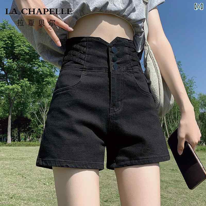 ショートパンツ レディース ブラック 高腰 デニム ジーンズ パンツ ボトムス ズボン ハイウエスト 切り替え 美脚 足長効果 ミニ丈 ホットパンツ スパイシー系 セクシー カジュアル シンプル スタイルアップ 伸縮性 アウトドア 普段使い 着回し力 お