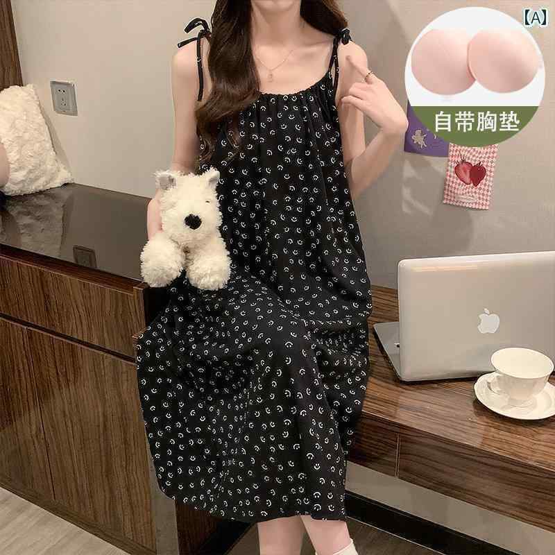 インナー レディース 夏用 魅惑的 黒の コットンワンピース パジャマ パッド入り サスペンダー 付き ナイトドレス 2025夏