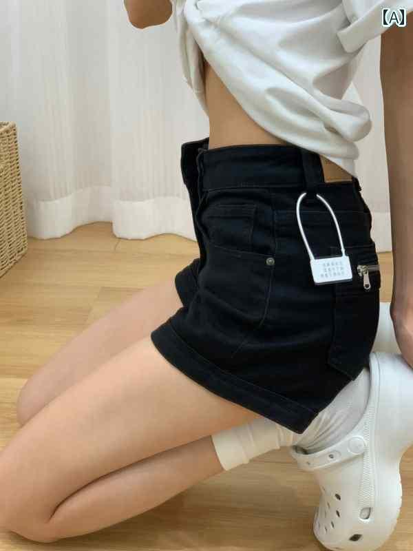 サポートシェアグローバルのインナー レディース ブラック デニム ショート パンツ 2025 夏 大きいサイズ mm ハイウエスト 伸縮性 カバー ヒップ スリム ホット ガール aライン｜アングル2