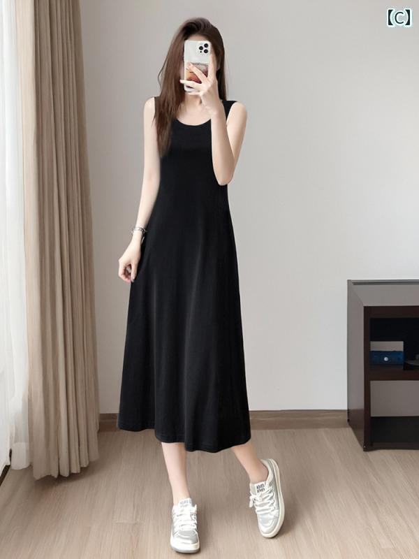 インナー 2025 春 170 cm 丈 アンクル ベスト ドレス カジュアル スリミング お腹 周りを カバー ノースリーブ リトル ブラック