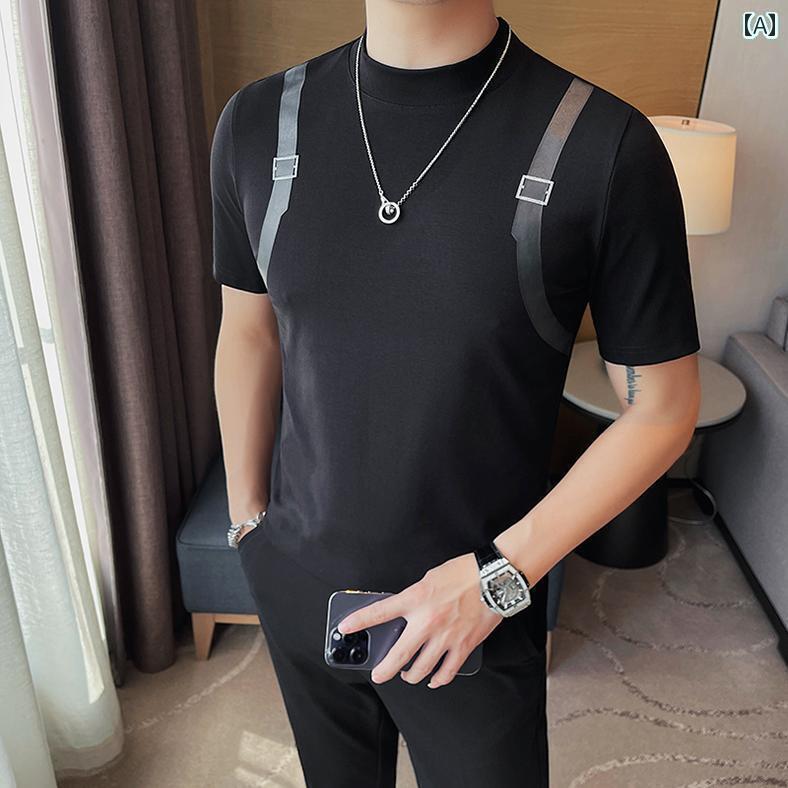 カッコイイ Tシャツ サスペンダー プリントの ハーフ タートルネック Tシャツ メンズ 半袖 スリムフィ..