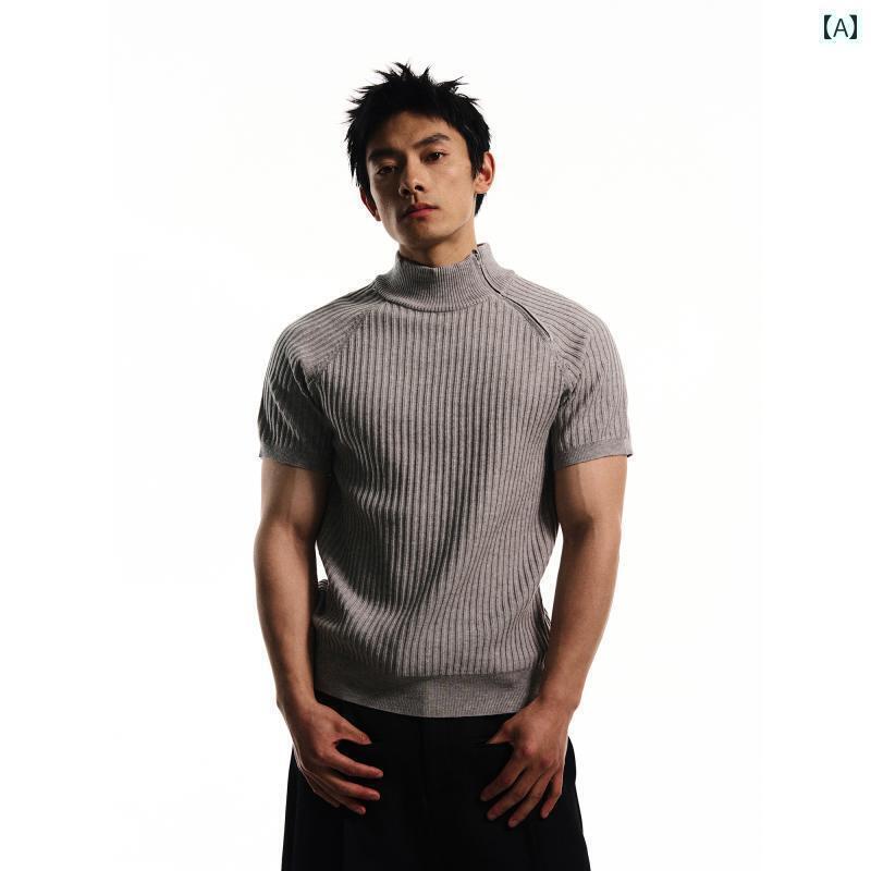 カッコイイ Tシャツ DAY NY オールド マネー スタイル ニット 半袖 アップ スタート トップ レトロ ジッパー セーター Tシャツ スリムフィット メンズ