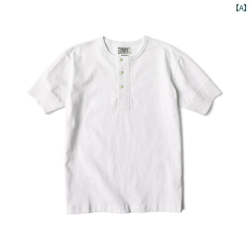 Tシャツ ストリート Bad Dog BRONSON アメリカン レトロ ヘンリー カラー 半袖 Tシャツ メンズ 双 糸 ..