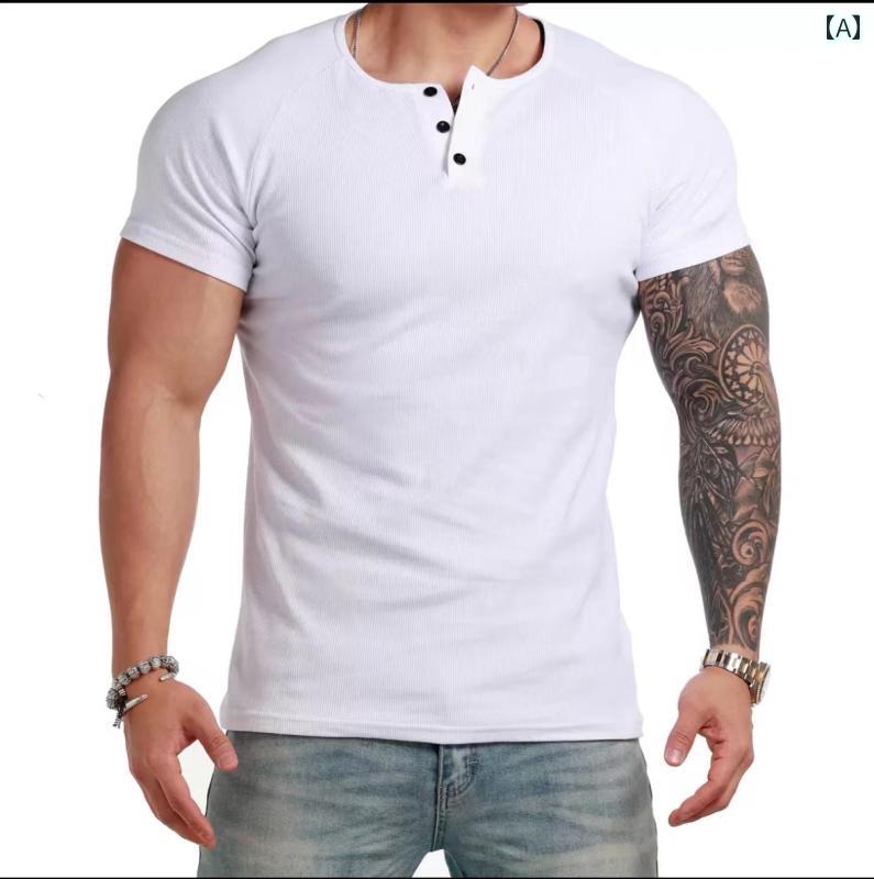 Tシャツ ストリート アメリカン ヘンリー シャツ 半袖 メンズ タイツ ラウンドネック フィットネス レ..