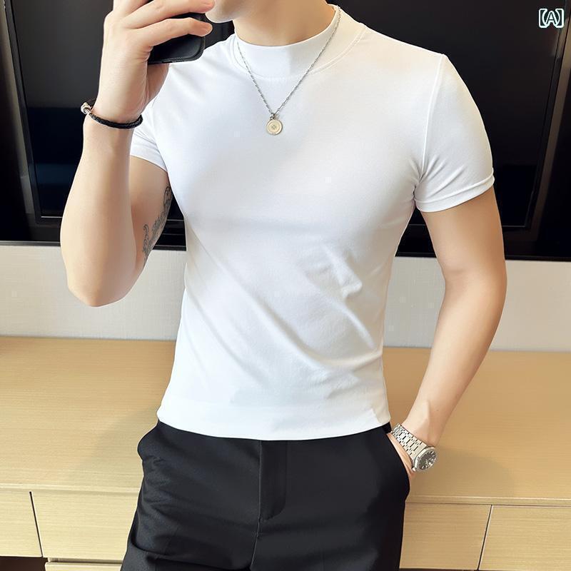 Tシャツ ストリート メンズ ハーフ タートルネック レイヤリング シャツ 綿 半袖 スリムフィット タイ..