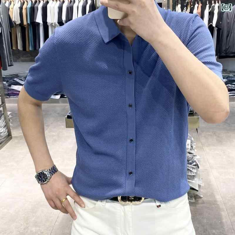 Tシャツ ストリート 2025夏 無地 ポロシャツ 半袖 Tシャツ メンズ 軽量 高級 ニット ポール レイヤリン..