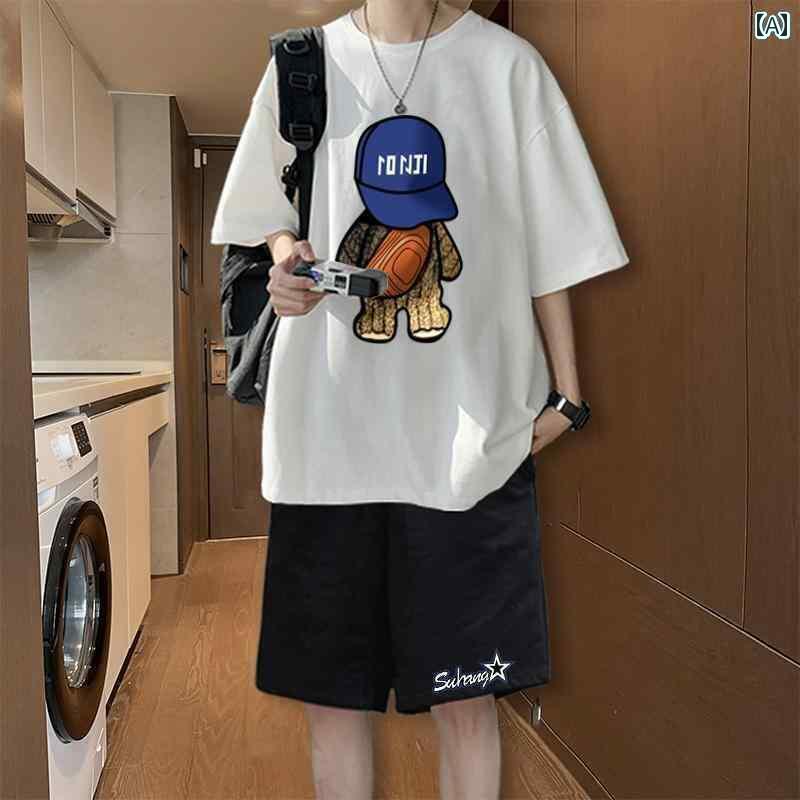 メンズ おしゃれ スウェット セット 夏のの 男性 服 クール 中学生の 綿 Tシャツ 半袖 ショート パンツ..