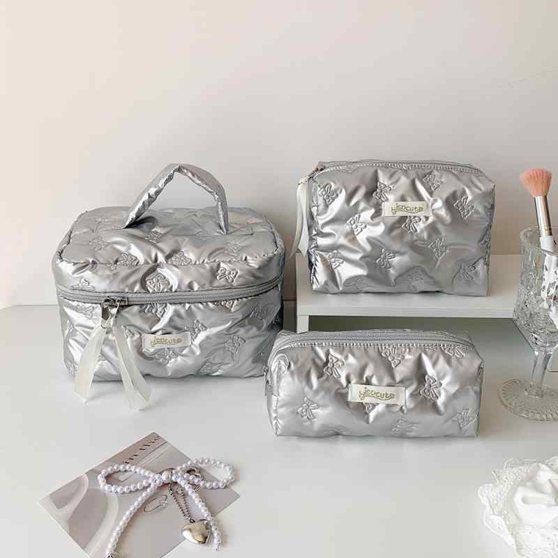 化粧 品 ポーチ バッグ Hisocute シルバーリボン 大型 携帯用 化粧 品 袋 学生用 トイレタリー バッグ 雑貨 収納