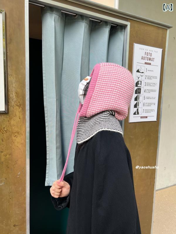 バラクラバ おしゃれ 帽子 女子 厚手で 防風性の ある 暖かい ストライプニット ドローストリング ニット バラクラバ 耳あて プルオーバー ハット 女性用