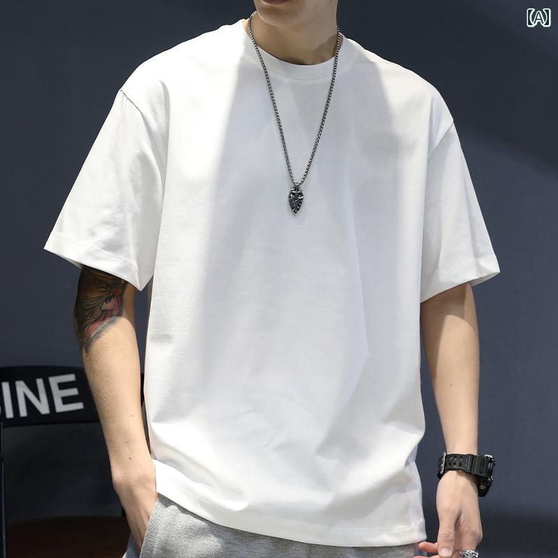 Tシャツ 無地 夏用 ソリッドカラー 半袖 Tシャツ コットン ヘビーウェイト ラウンドネック ホワイト イ..