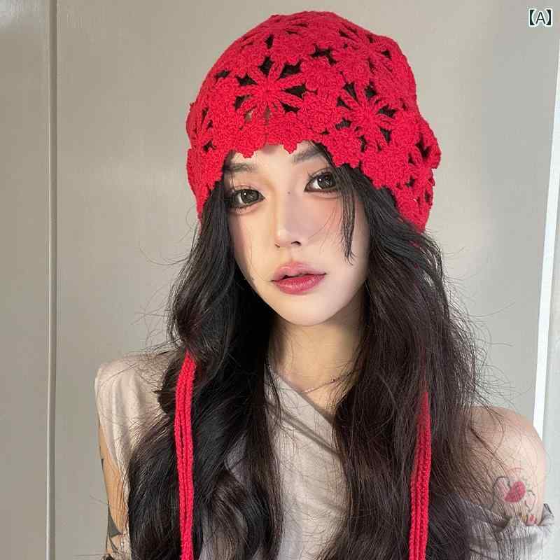 おしゃれ ニット帽 レディース 民族 風の タッセル 付き 赤い ニット 帽 女性用 春と 夏 薄手 帽子 フ..