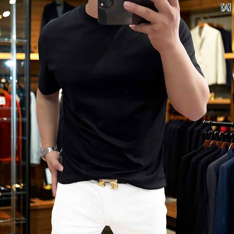 Tシャツ 無地 ブルー スリム 翡翠 ラウンドネック 半袖 メンズ Tシャツ シルケット コットン ハイエン..