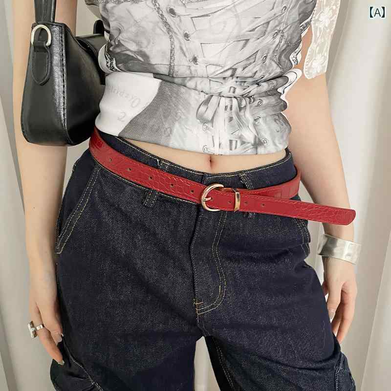 レディースレザー ベルト 女性用 レッド ベルト 高級 クロコダイル 柄 装飾 ジーンズ スリミング カジ..