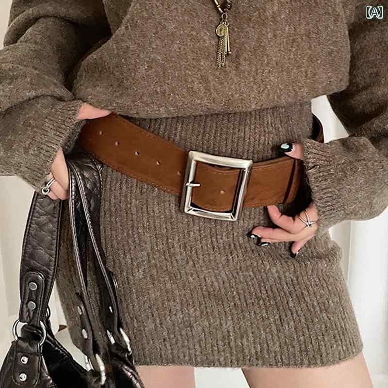 レディースレザー ベルト 韓国 高級 スエード ワイド ベルト 女性用 無地 スリム ウエスト 2025 春 シ..