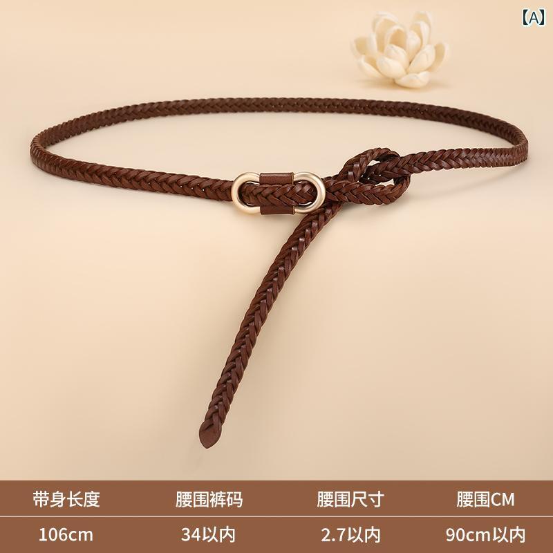 レディースレザー ベルト トップレイヤー 牛革 編み 細 ベルト 女性用 蝶の バックル 芸術的な 結び目 スカート ジャケットに マッチ する 小さい カジュアル 細身