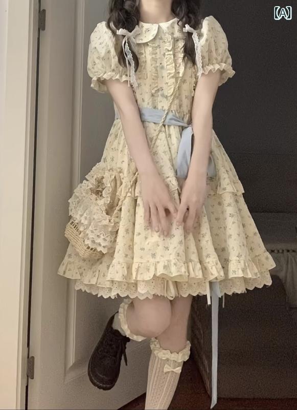 エレガント カラードレス ワンピース 女の子用の ドール カラーの 花柄 ドレス 夏用 パフスリーブ フレンチ プリンセス 小 ウエスト チュチュ スカート