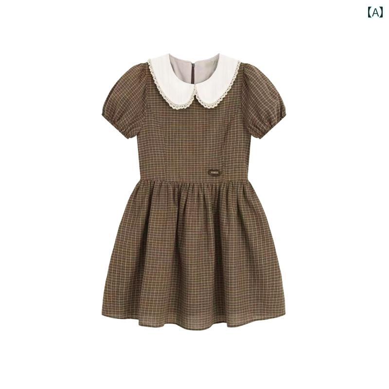 エレガント カラードレス ワンピース フレンチ レトロ ドール カラー チェック 柄 パフ スカート レディース 夏 2025 プチ ウェア ウエスト パフスリーブドレス