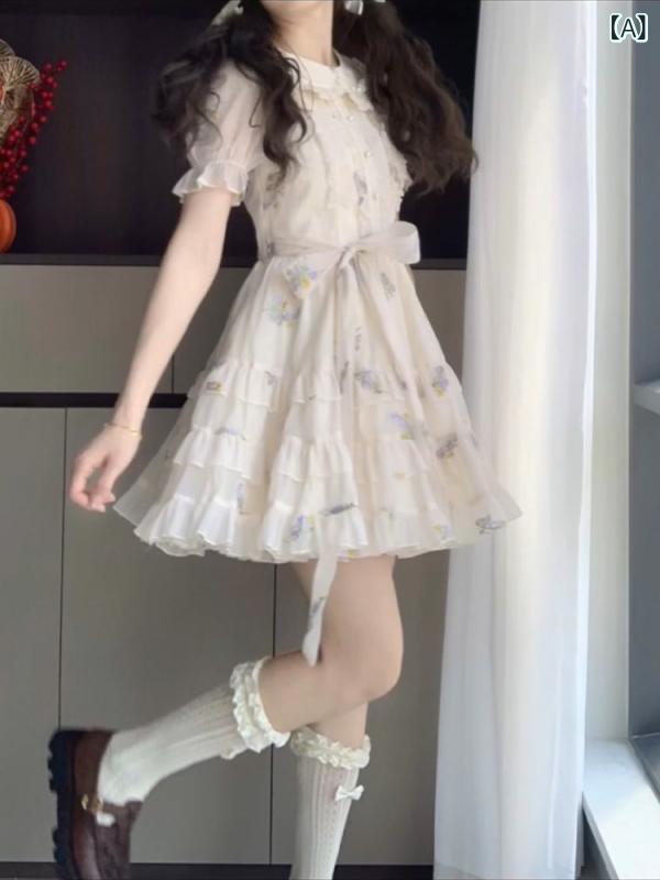 ワンピース レディース 春夏 ひざ丈 半袖 襟付き 花柄 フレア 膝丈 かわいい ナチ...
