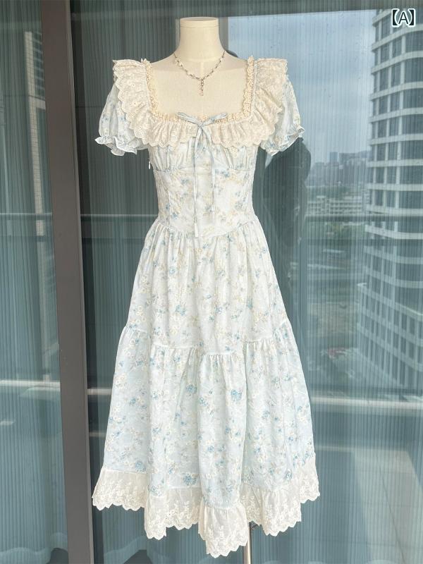 エレガント カラードレス ワンピース フレンチ パフスリーブの 青い 花柄 ワンピース。 女性用。 夏に ぴったりの 美しい 優しい プリンセス ウエストは フェアリー ロング スカート。