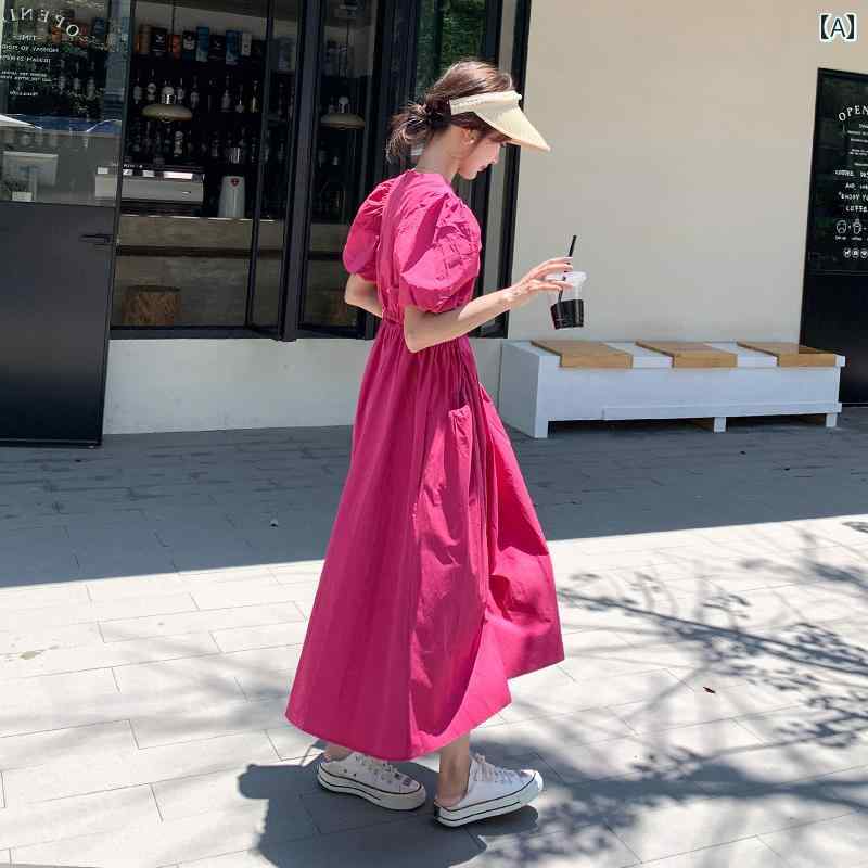 エレガント カラードレス ワンピース フレンチ パフスリーブ ドーパミン 初恋 ロング スカート 女性 夏の ウエスト 無地 韓国 ローズレッド ドレス