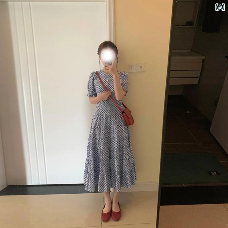 エレガント カラードレス ワンピース フランスの レトロ ブルーの チェック 柄 パフスリーブドレス 女性用 夏の スタイル ウエスト スリム ロング スカート