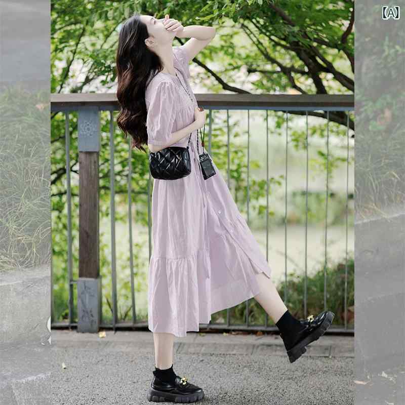 エレガント カラードレス ワンピース ティーブレイク フレンチ パープルの パフスリーブシャツ ドレス 女性用 夏用 美しい ユニークな 細い ウエストの スリミング スカート(4)