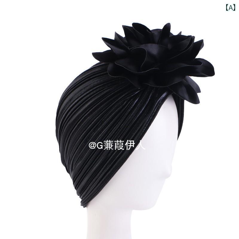 レディース ターバン ファッション スカーフ 中東の 明るい プリーツ大 花 ヘッド スカーフ 帽子 レデ..