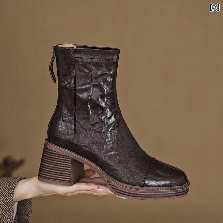 ショート ブーツ レディース Maoye 自家製 フレンチ レトロ ソフト シープスキン スクエアトゥ ショー..