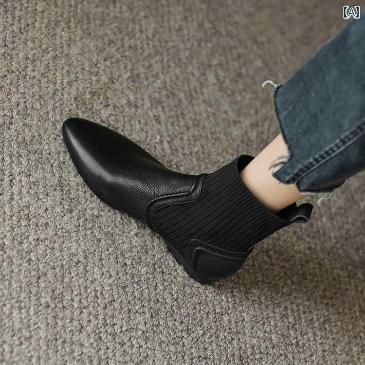 ショート ブーツ レディース レトロ 革 フラット ポインテッドトゥ アンクルブーツ 女性用 英国 ソフトレザー スリッポン ブーツ ニット 伸縮性 ソックス