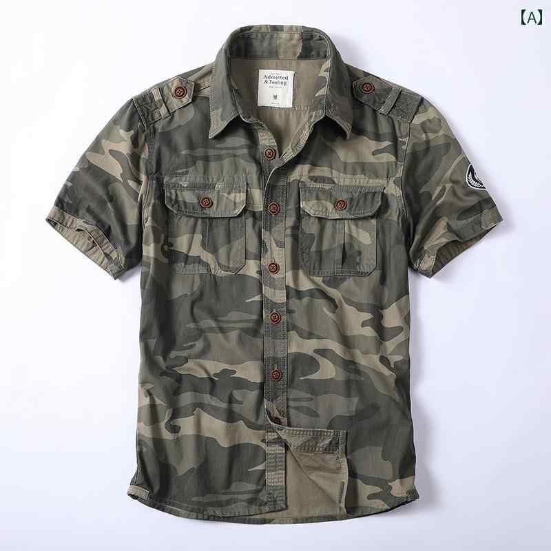 メンズ ミリタリー シャツ アメリカン レトロ 迷彩 シャツ メンズ 半袖 アウトドア レジャー マルチ ポケット ワークシャツ 綿 トップス