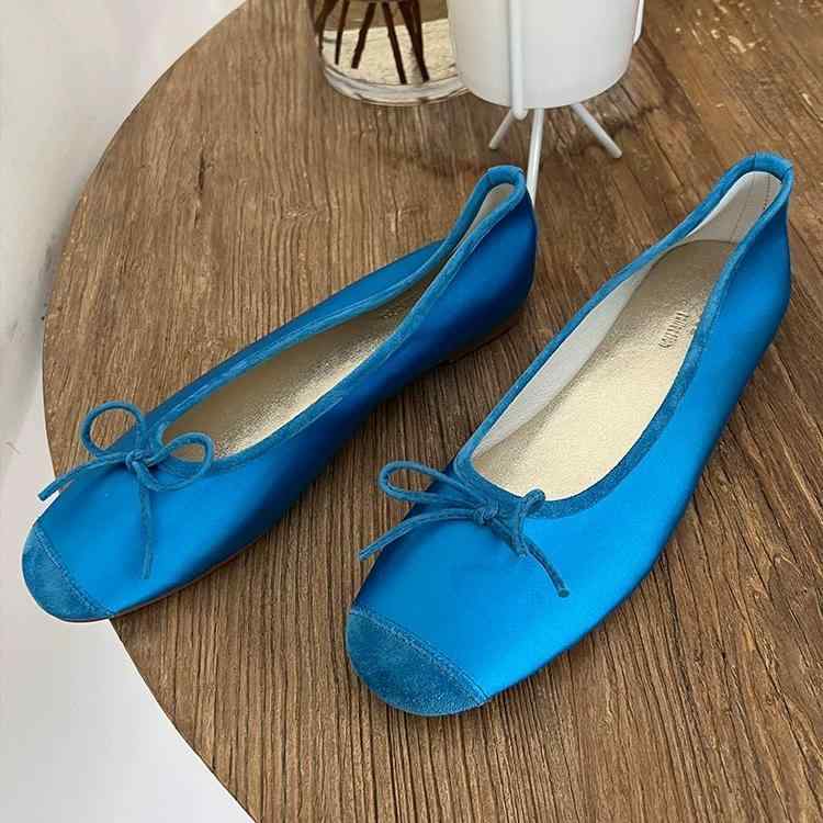 バレエ シューズ レディース フレンチ ラウンドトゥの サテン バレエ 浅 履き シューズ レディース ハイ フラットソールのおばあちゃん ソフト ソール カジュアル スクープ