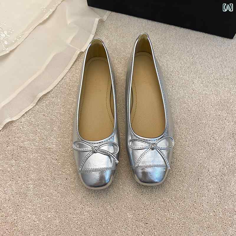 バレエ シューズ レディース シープスキン フレンチ シルバー シングル シューズ レディース 2025 春夏 革 リボン フラット ソフト ボトム バレエ