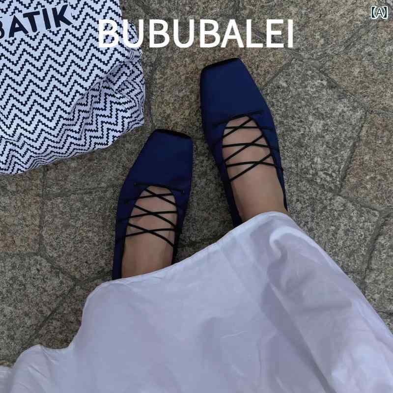 バレエ シューズ レディース Bubu Ballet レトロ ブルー サテン スクエアトゥ バレエ シューズ レディ..