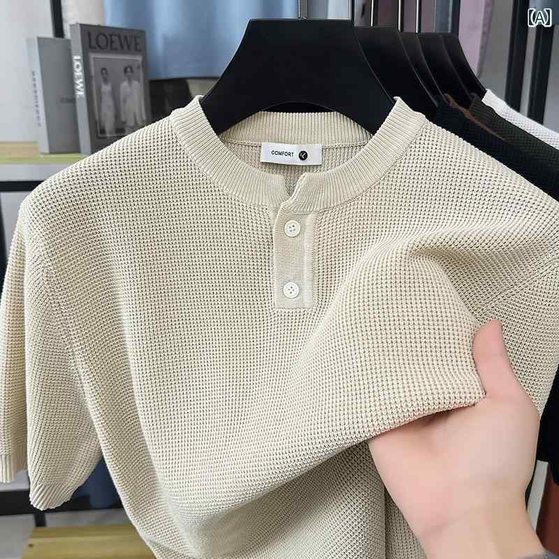 メンズ Uネック ニット アメリカン レトロ ヘンリー カラー 半袖 ニット セーター メンズ Tシャツ シャツ ワッフル ハーフスリーブ 夏(4)