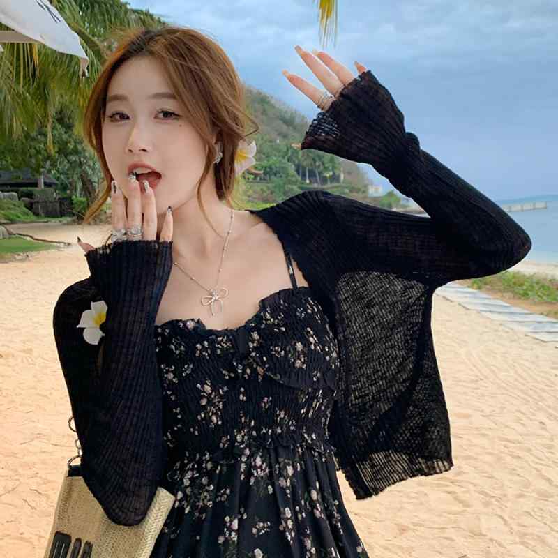 きれいめ 春秋 ニット 女性用 ブラック ニット 日焼け防止 カーディガン 2025夏 スカート 付き サスペンダー ショール 冷感 チュール コート