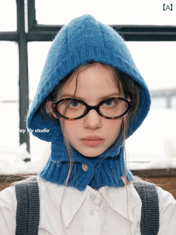 バラクラバ おしゃれ 帽子 女子 FeyTiy ボタン 目出し帽 冬 暖かい ウール 耳 保護 フード付き ニット 帽