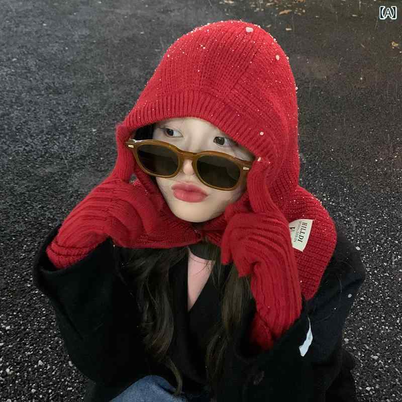 バラクラバ おしゃれ 帽子 女子 バラクラバ 手袋 秋冬 レディース 新年の 赤 暖かい ニット ウール プルオーバー 帽子 ネック バンド 一 体型