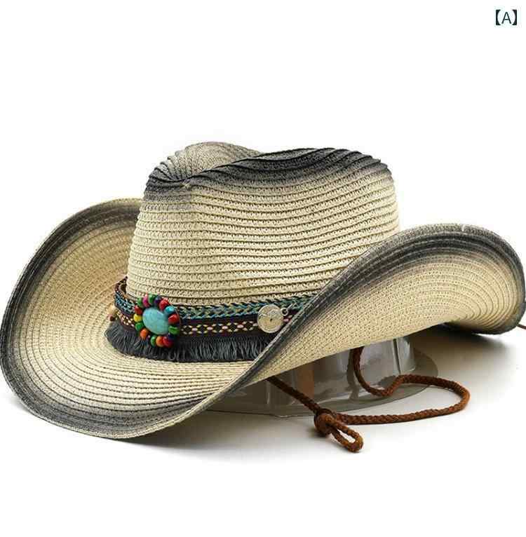 日よけ おしゃれ 帽子 女子 と アメリカン ウエスタン カウボーイ 麦わら 帽子 レディース ビッグ 庇 ..