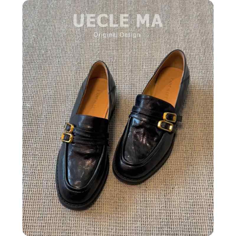 レディース ローファー シューズ 牛革 トップ 層 革 厚底 レディース ローファー 黒の スリッポン シューズ レトロ シングル 英国 風の 小さい 革靴