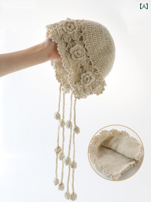 ベビー用 ニット帽 かわいい ベビー 帽子 秋冬 韓国 女の子 タッセル タイ ウール 手編み 冬 耳あて