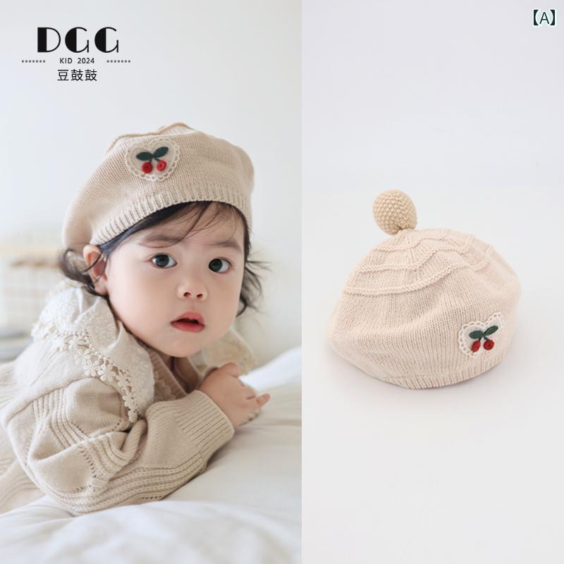 ベビー用 ニット帽 かわいい 女児用 帽子 秋冬用 ニット ベレー 帽 チェリー プリンセス ペインター ハ..