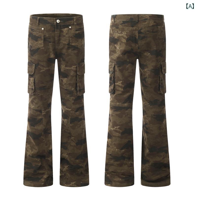 フレア パンツ 男性用 ZLAYCO アメリカン レトロ 迷彩 マルチ ポケット スリム オーバー オール ヒップ ホップ ストレート レッグスリム フレアパンツ 男女兼用
