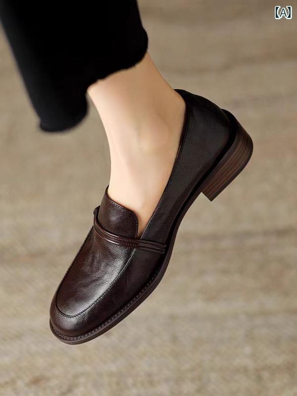 レディース ローファー シューズ 革 ラウンドトゥ ローファー レディース 2024 春秋 レトロ スリッポン スモール レザーシューズ ミッド ヒール ブリ ティッシュ 厚 シングル シューズ