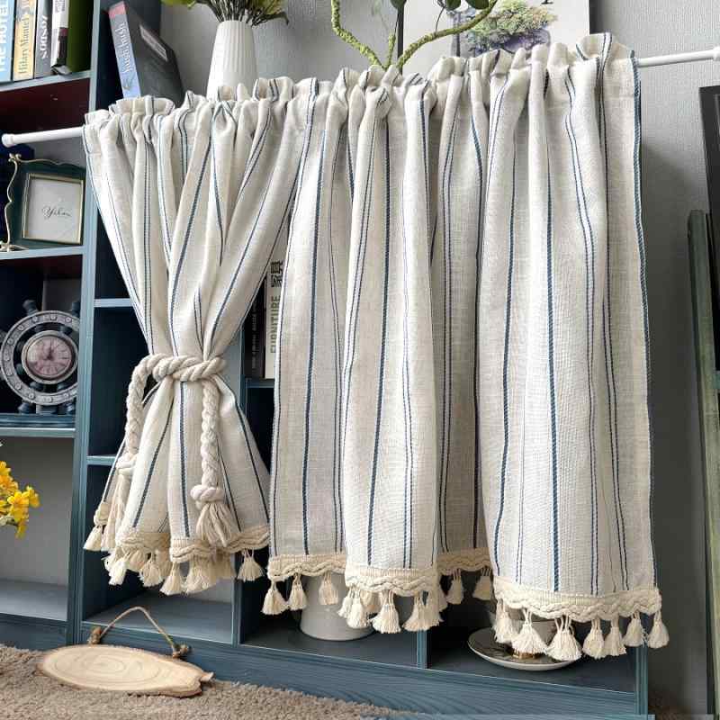 おしゃれ カーテン カフェにも リネン 糸の キッチン ハーフ カーテン シンプル ストライプの 和風 キャビネット ドア フレンチドア 遮 光 透 加工