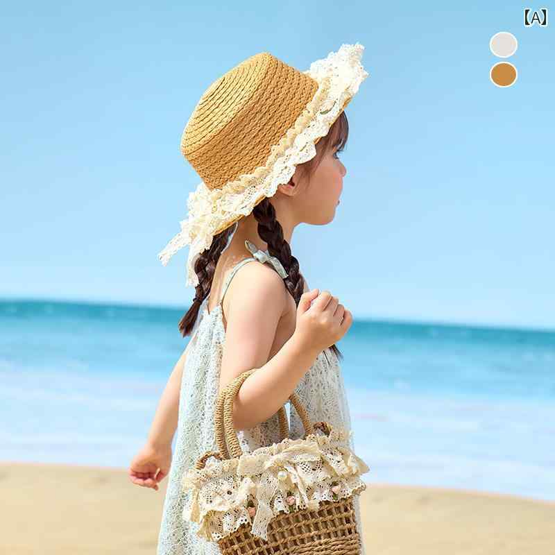 麦わら 帽子 かわいい 女の子用 麦わら 帽子 子供用 サンハット 夏用 フラット トップ ベビー ハット ..